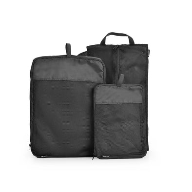 AGVA 3-in-1 black travel set is a space saving travel pouch, each travel bag can be rolled away and tied with the elastic strap when not in use