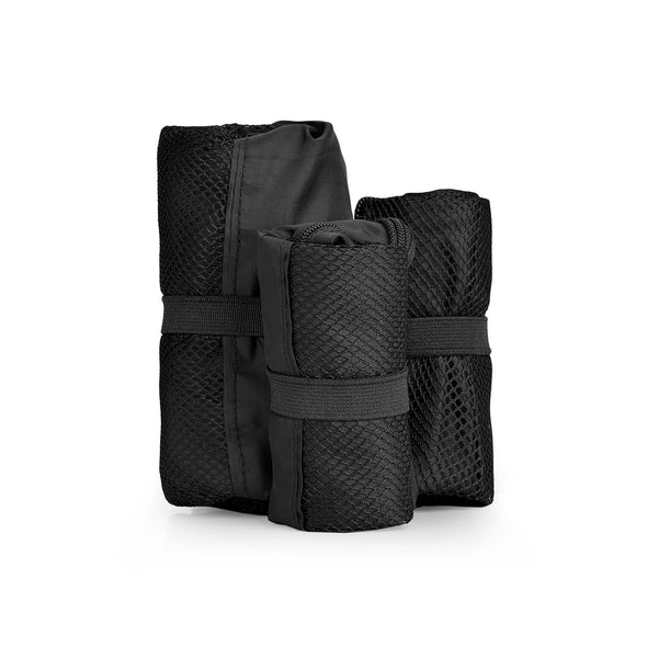 AGVA 3-in-1 black travel set is a space saving travel pouch, each travel bag can be rolled away and tied with the elastic strap when not in use